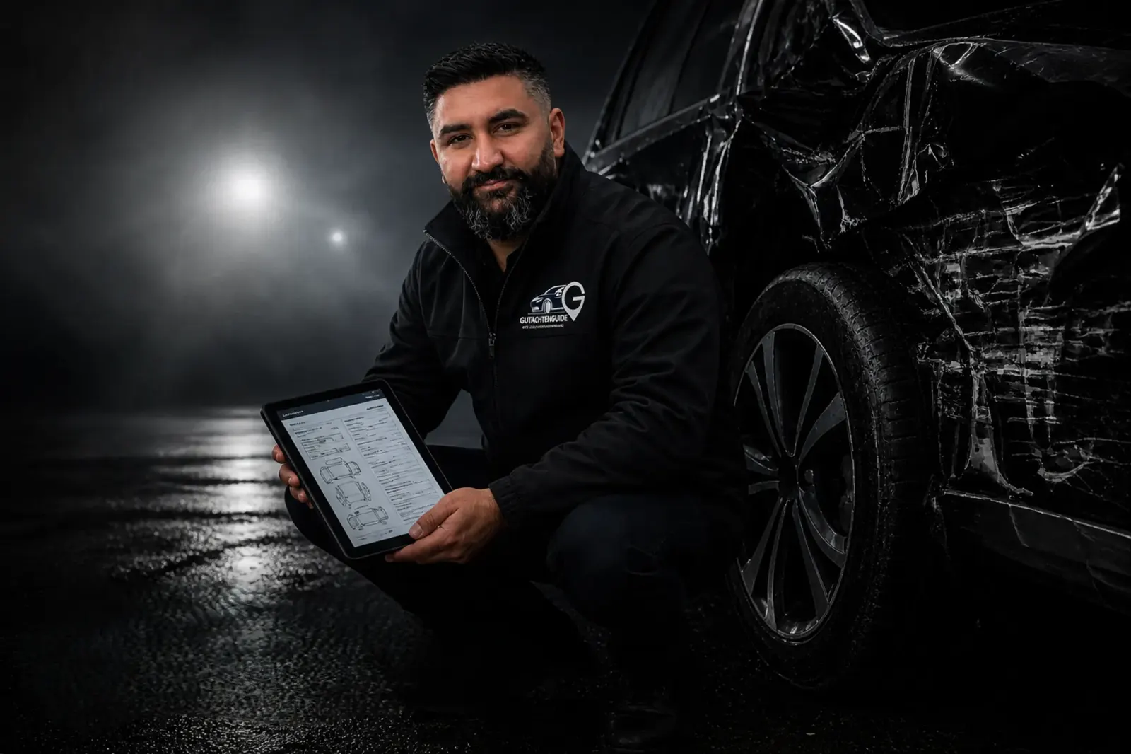 Kfz-Sachverständiger Fatih Yilmaz von GutachtenGuide mit Tablet neben einem Unfallfahrzeug